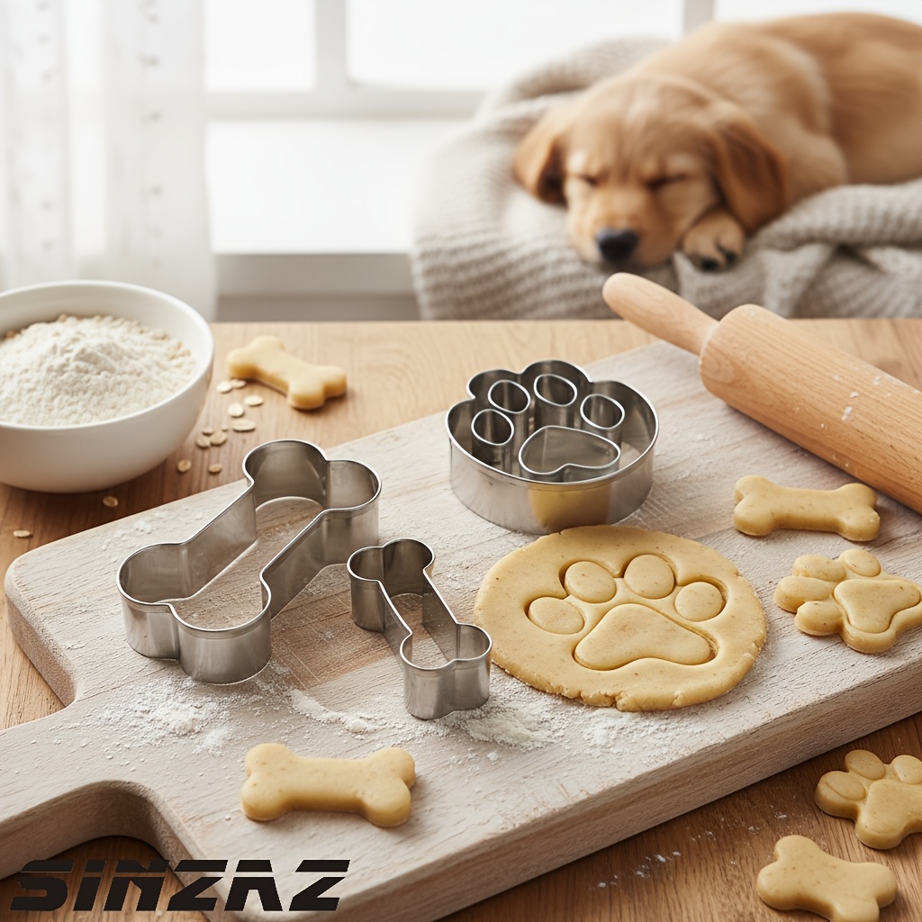 TEMU 3pcs Animal Puppy Themed Cookie Cutter Set, Includes: 3 Shapes: Paw Print + Small And Large Bones. Suitable For Making Candies, , And Biscuits