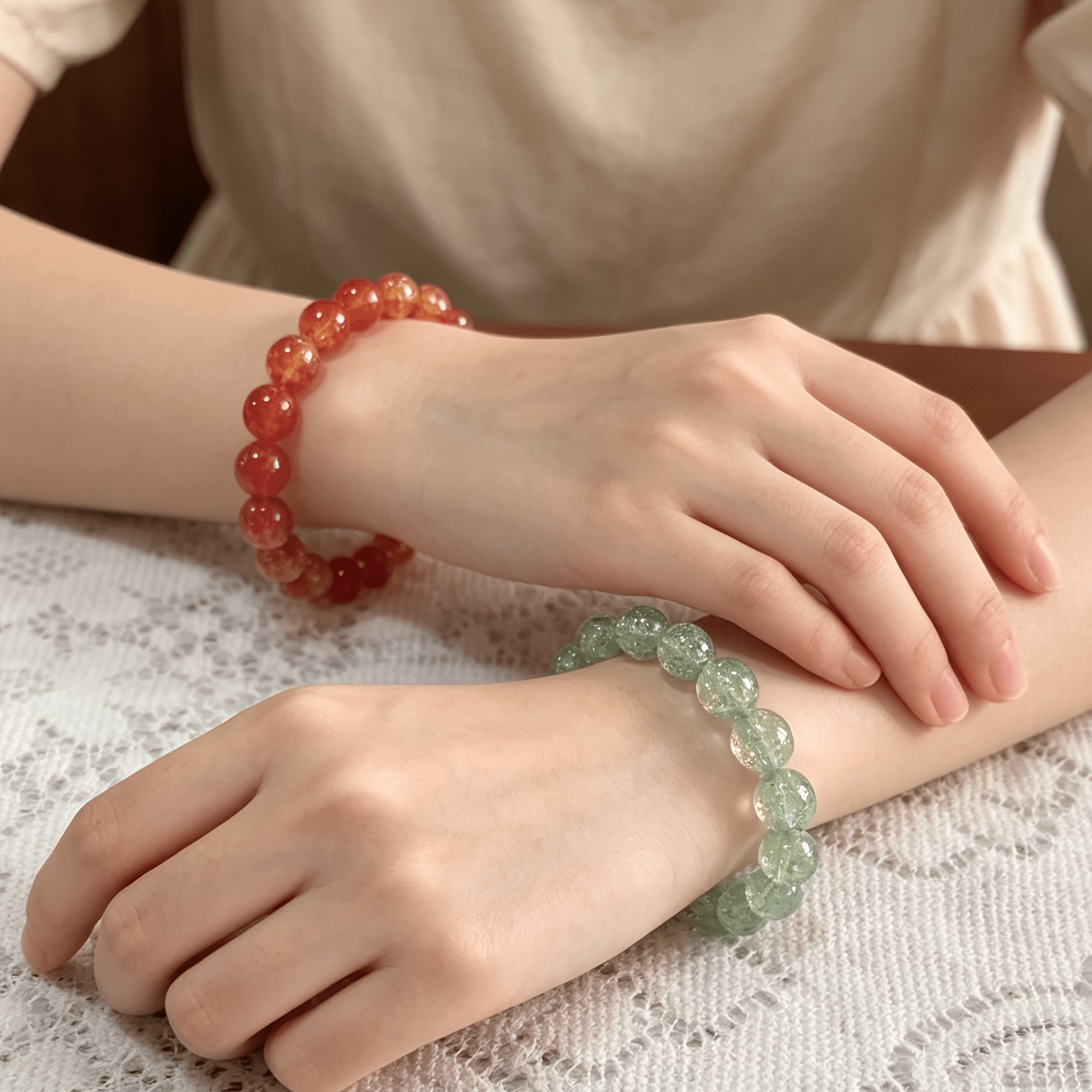 2pcs Glazed Crystal Beaded Bracelet Set, Fresh and Simple Style