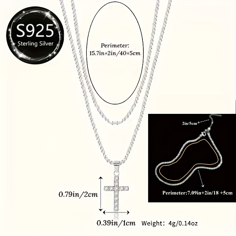 3pcs 925 Sterling Silver Cross Necklace & Sparkling Bracelet Set