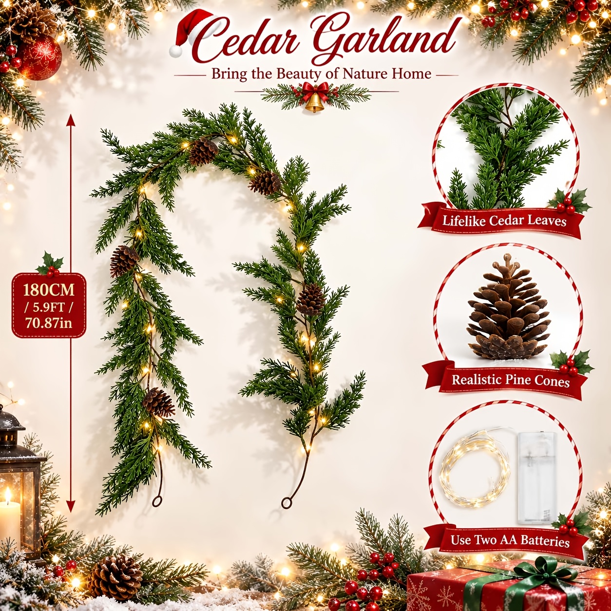 TEMU Lierre décoratif de Noël de 5,9 pieds avec une couronne de cèdre, des pommes de pin réalistes et une guirlande lumineuse à LED. Idéal pour les