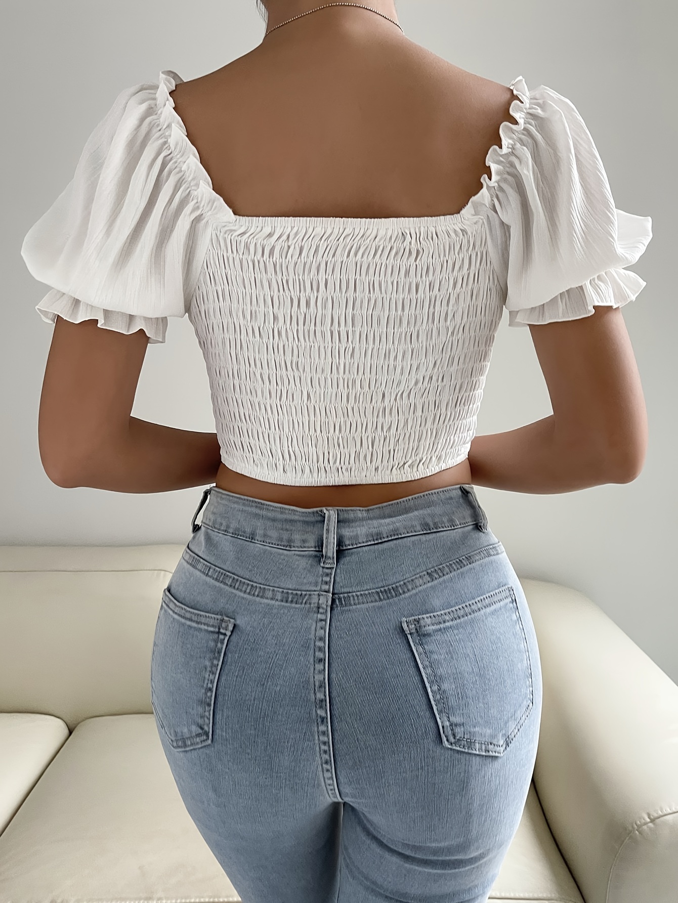 Women Korean Tops Square Neck Blouses Chiffon Top Puff Sleeve croptop  Drawstring shirt