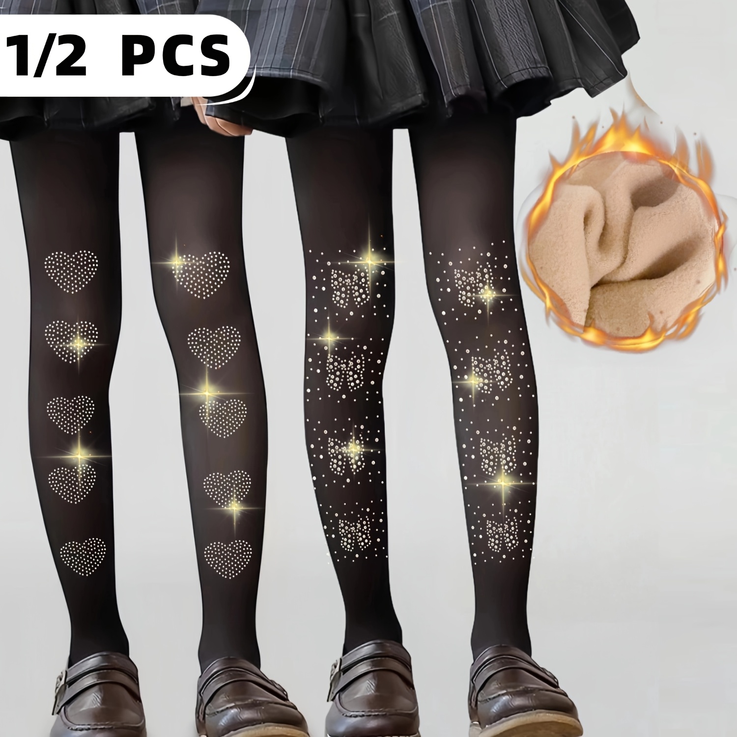 1/2 stuks Set Meisjes Winter Warme Dikke Hart & Sterrenhemel Sprankelende Hot Diamond Panty - Hoge Elasticiteit Koudbestendige Lichtbeige Danskousen voor Ballet, voor Feest Optreden Cadeau (voor Tieners)