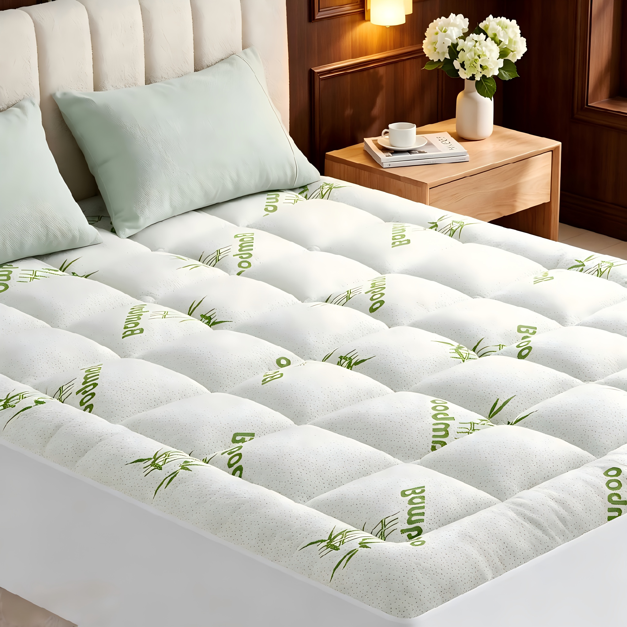 TEMU Cooling Mattress Topper, Breathable Viscose Made From Bamboo Pillow Top Mattress Pad With Deep Pockets - Soft Mattress Topper For Sleeping