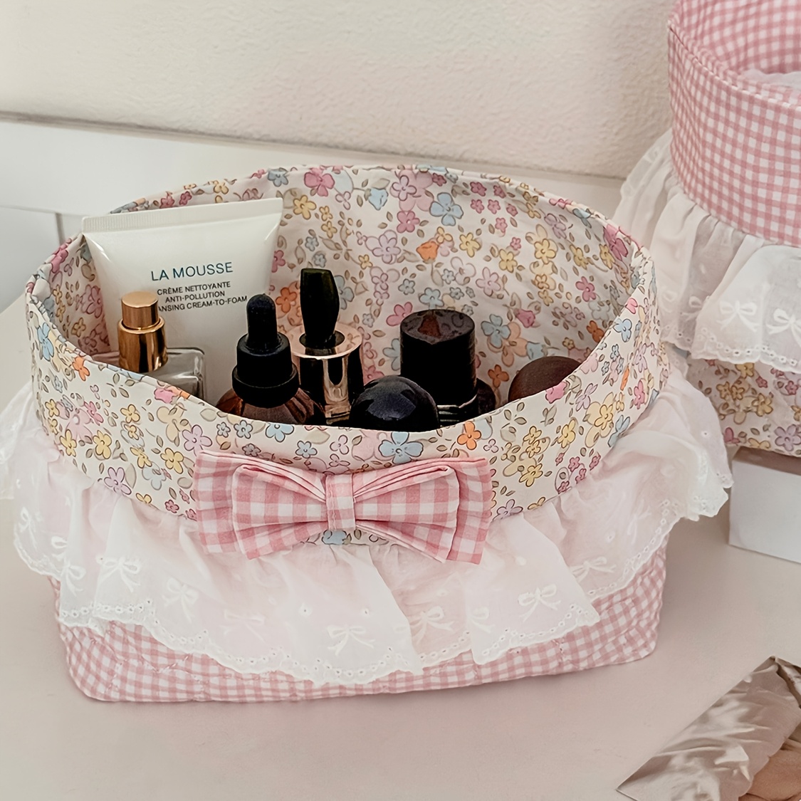 TEMU Dual-sided Storage Basket With Lace Trim, Floral Print & Pattern, Available Sizes (large & Small). Decorated With Bows, Lace And Edges, Fabric