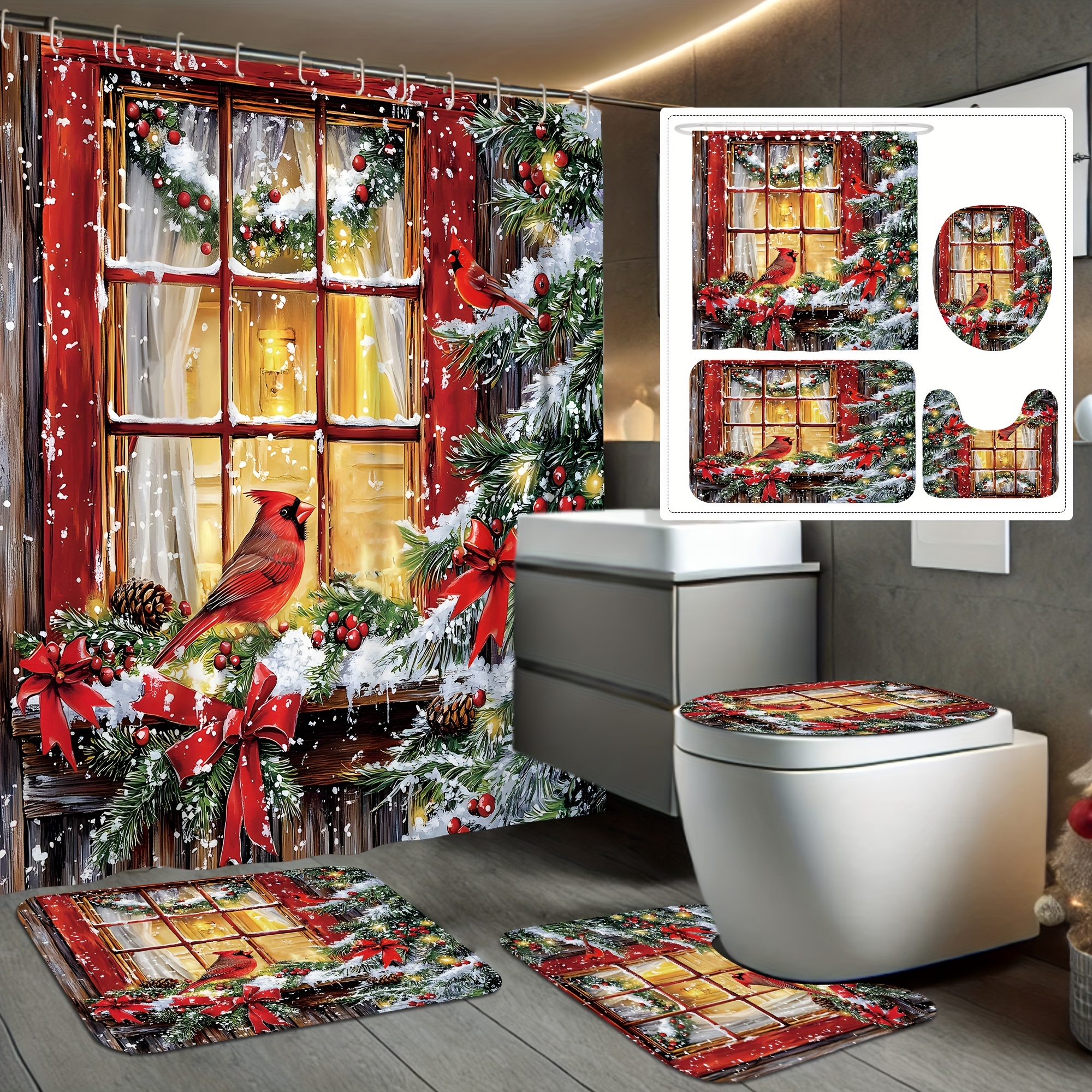 

[] 1/4pcs Christmas Decorations Curtain Set Red Curtain For Bathroom 12 Bath Mat Lid Mat