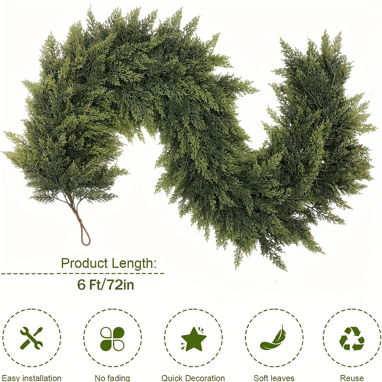 TEMU 2pcs 6ft Real Touch Artificial Cedar/pine Garland - Soft Evergreen Branches Suitable For Christmas, Hanukkah, Easter, Thanksgiving Decorations -
