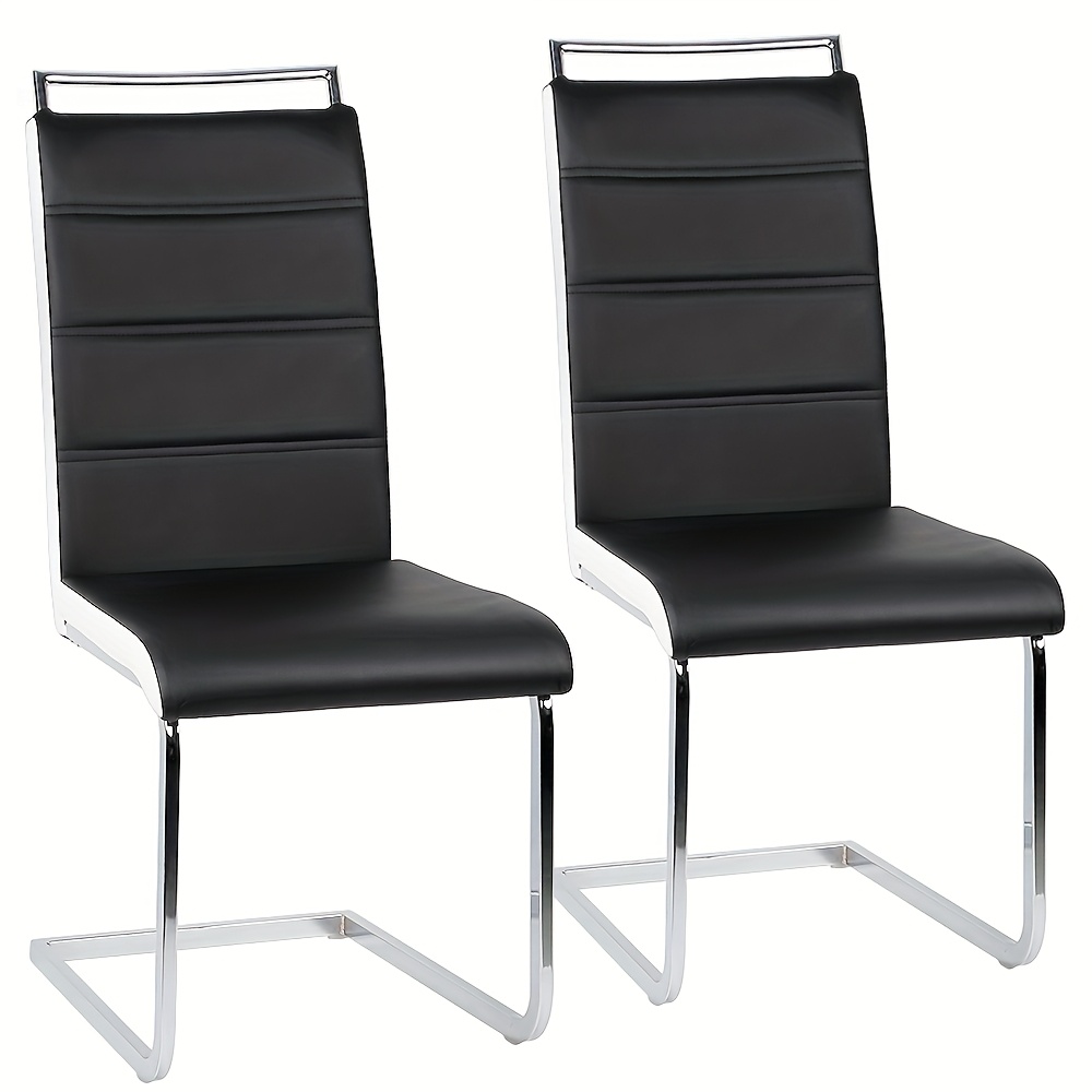 Image of Set Of 2 Dining Chairs, Upholstered High- Chairs, Faux Leather With Silvery Metal Legs, Cantilever Design, Armless Side Chairs For Kitchen, Living Room, Or Apartment (2pcs)