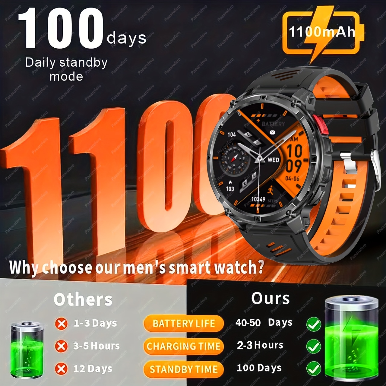 La nouvelle montre connectée 2025 avec batterie grande capacité 1100mAh, appels sans fil, notifications de messages, navigation par boussole et divers petits outils comme secondeur, réveil, lampe torche, météo, calculatrice, minuterie, podomètre calorique, 120+ modes sportifs et 100+ fonds d'écran.