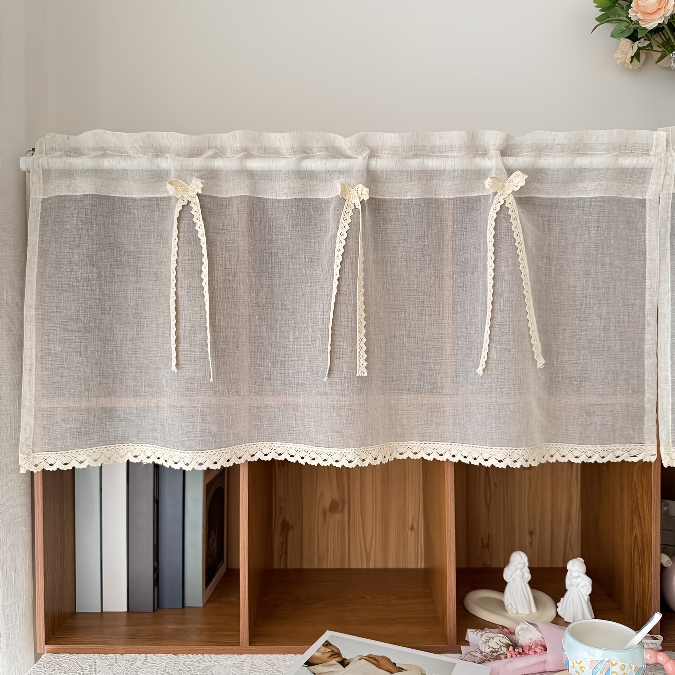 Image of A Single Piece, Beige Vintage-style Sheer Coffee Curtain With A Bow Decoration, Featuring A Rod Pocket, Suitable For Kitchen, Cabinets, And Small Window Home Decor