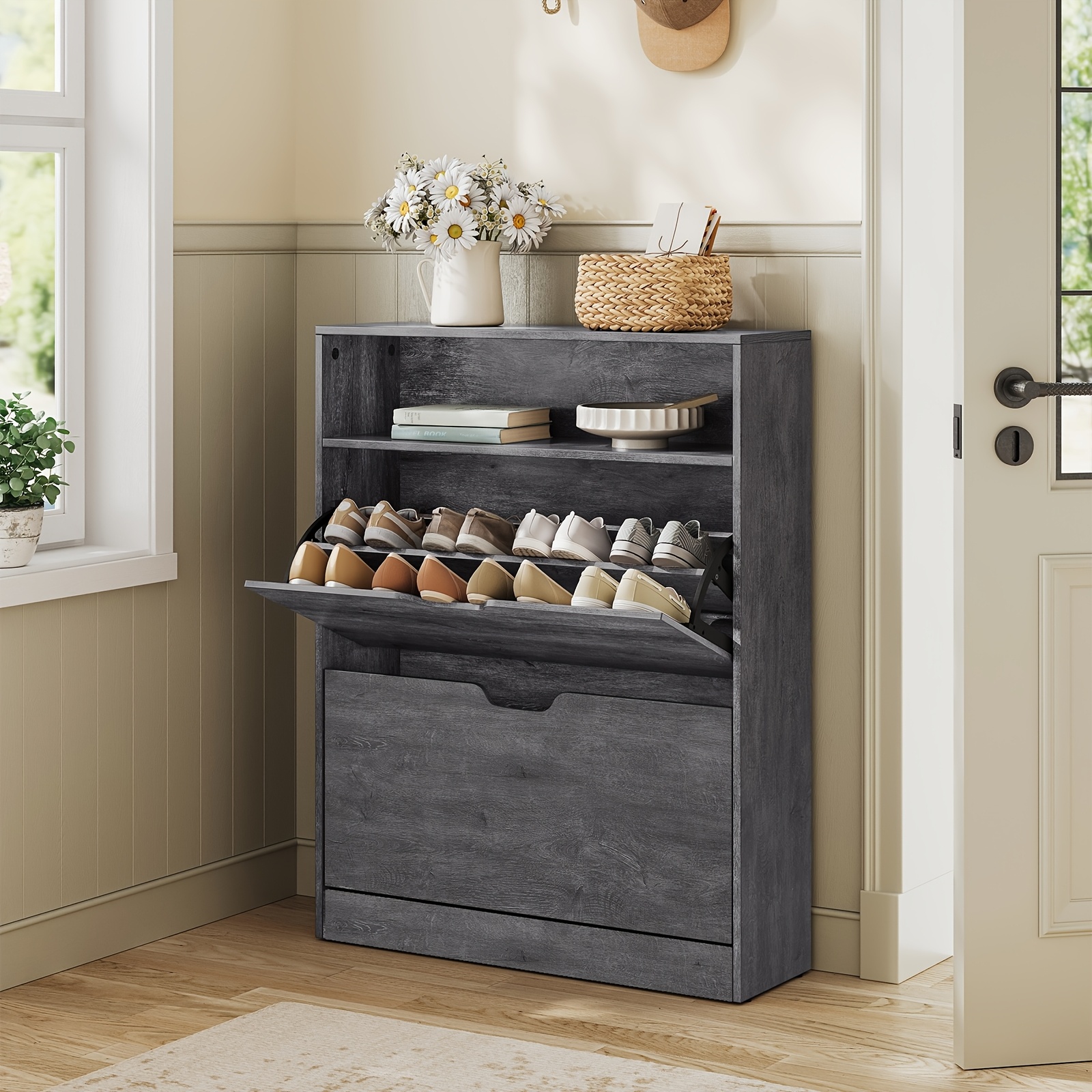 E-shop Schuhschrank mit 2 Fächern, Schuhregal, offene Abteilung, verstellbarer Trenner, für 11-16 Paar Schuhe, Flur, 24 x 80 x 102 cm