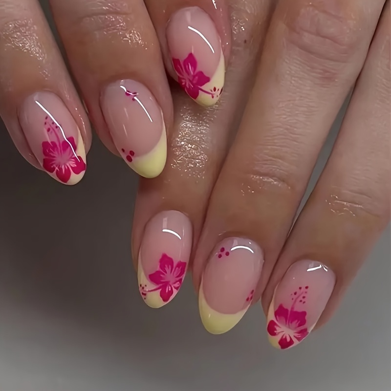 TEMU Unghie Finte a Pressione a Mandorla Corte, Gialle con Design Rosa, Finitura , Lima per Unghie e Colla in Gel