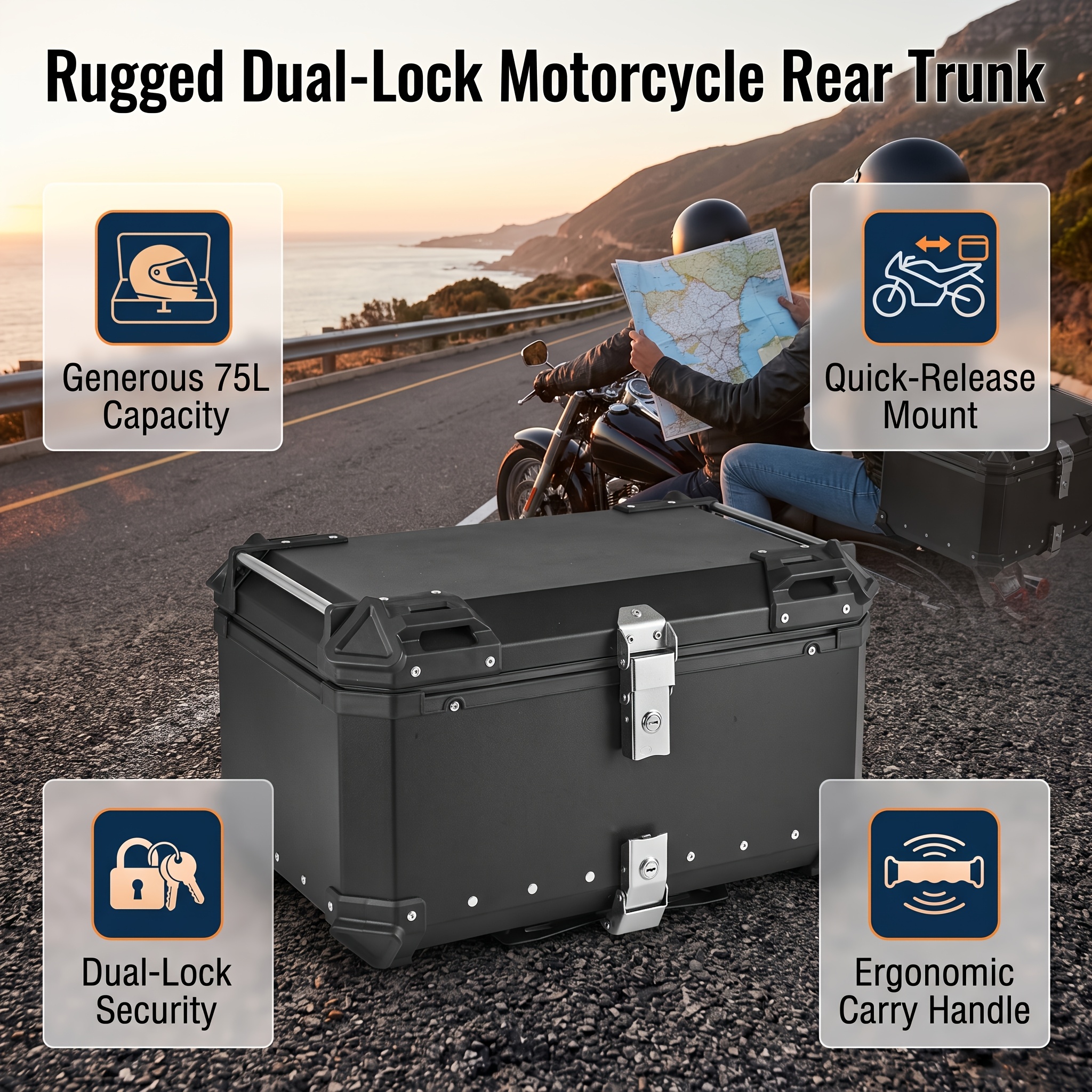 TEMU Baúl Superior para Motocicleta, Maletero Trasero de Aleación de Aluminio con Rápida, Estuche de Almacenamiento para con Revestimiento y Kit de
