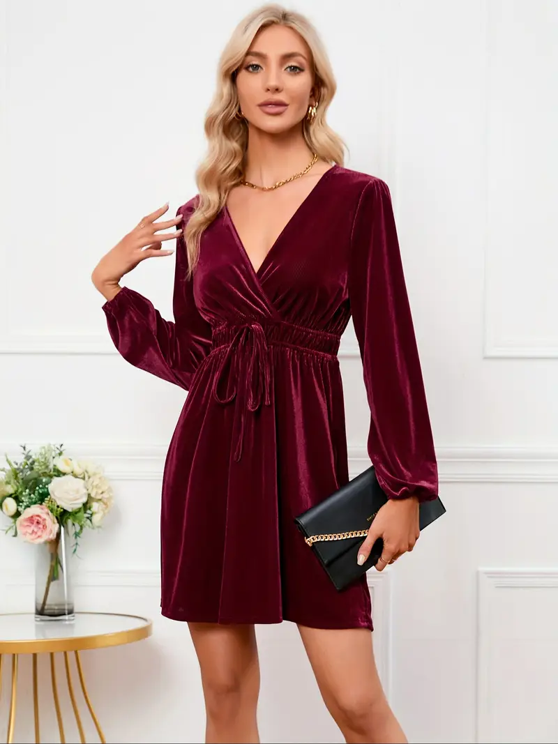 womens elegant velvet wrap dress v neck long sleeve pleated - Temu womens elegant velvet wrap dress v neck long sleeve pleated - Temu