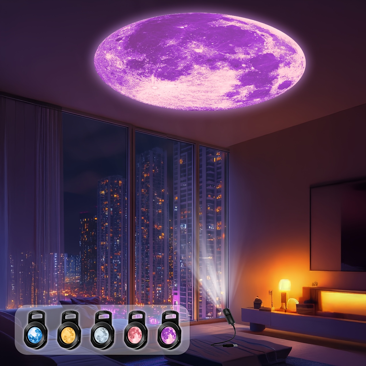 Moon-patterned Projection Light, with 5 Color Moon Options, Perfect for Creating a Romantic Starry Sky Atmosphere. Also a 360° Rotatable Portable USB Gadget and a Creative Holiday Gift.