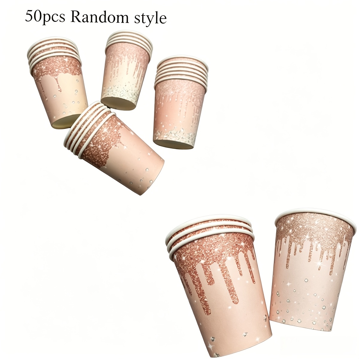 Image of 50pcs Random Style Rose Golden Birthday Party Paper Cups Rose Cups Supplies Rose Golden Theme Party Cups For Women Birthday Wedding Party Favors Decorations For Halloween、christmas