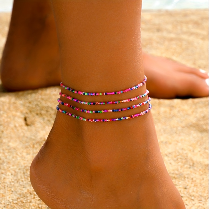 4pcs Bohemian Colorful Elastic Beaded Anklet Set, Non-fading Women's Beach Accessories For Daily Wear And Vacation Parties, Perfect Birthday Or Valentine's Day Gift For Her