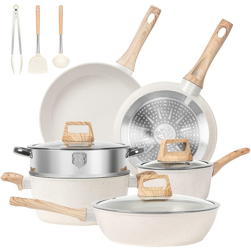 

12/5 Pots And Pans Set, Cookware Set, Induction Cookware Granite Cooking Set, Including Frying Pan, Pan, Steamer, Silicone Spatula And Tongs