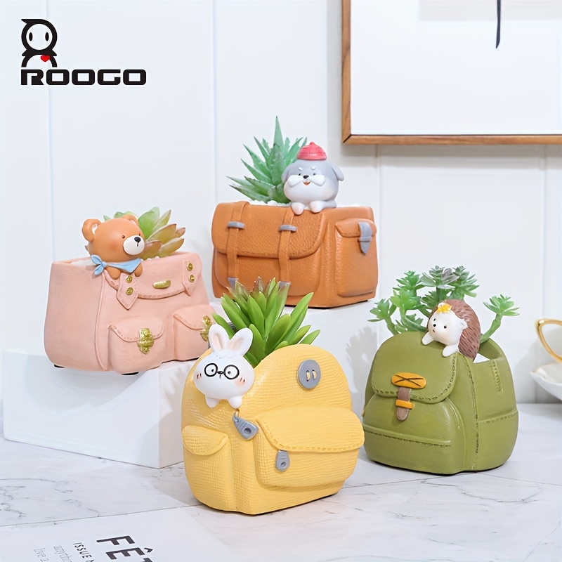 

1pc Roogo Resin Planter - Creative Backpack Design With Drainage Hole, Handmade Small For Desk & Office Decor, Multi-component Set With Animal Figures, Ideal For Indoor/outdoor Use