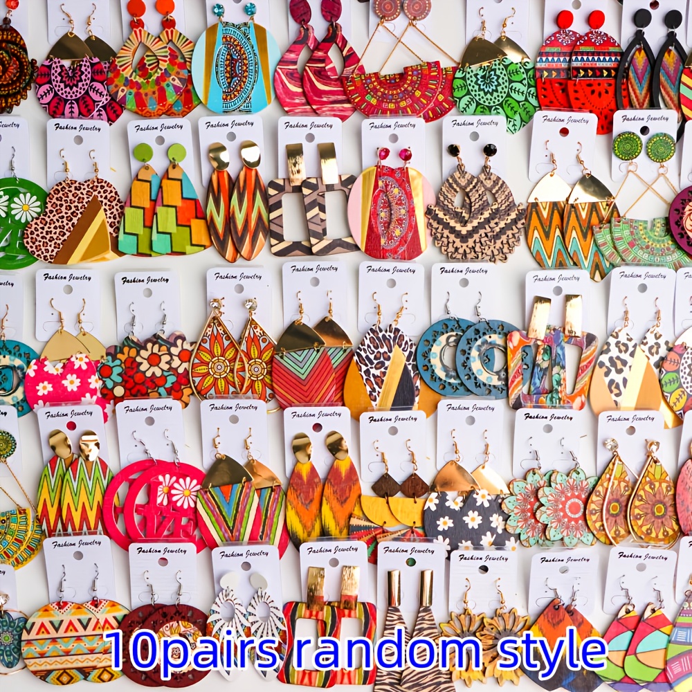 10 Pairs Bohemian Vintage Handmade Wooden Earrings Set