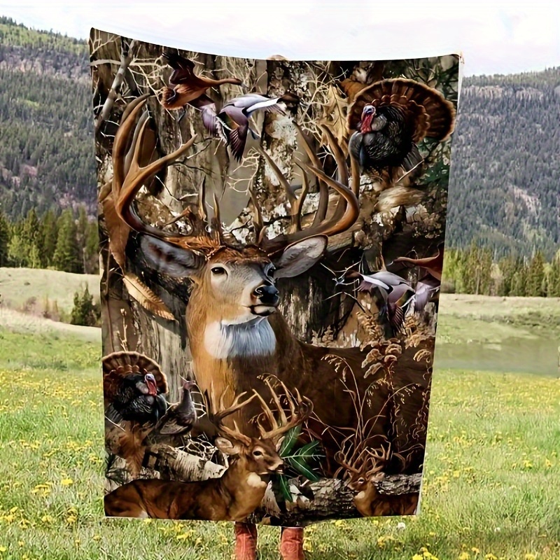 

Style Flannel Throw Blanket With Forest Animal Elk And Wild Turkey Pattern, Soft Cozy Knitted All-season Blanket With Animal Theme And Unique Embellishment Features