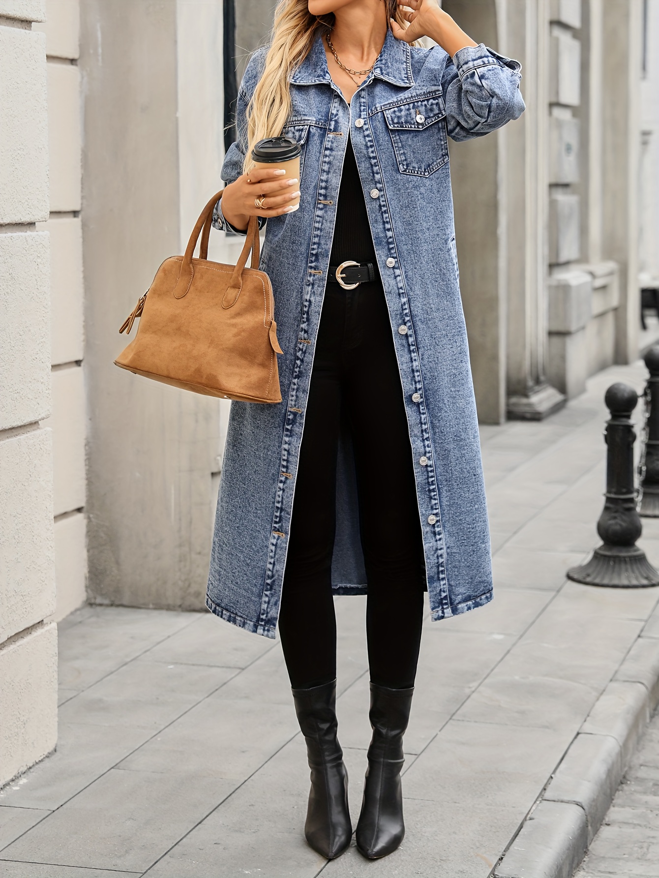 extra long denim jacket coat women elegant trench coat - Temu Canada