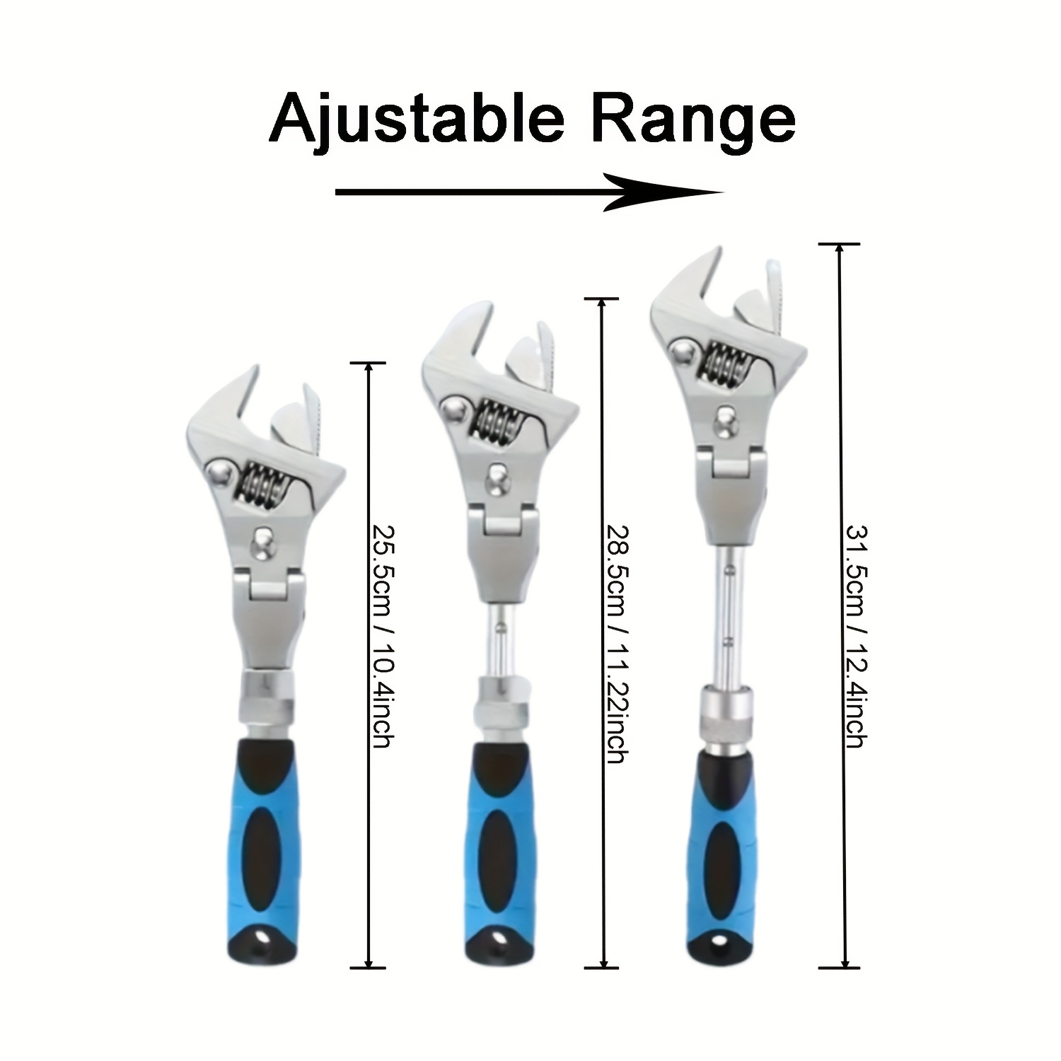 adjustable wrench 10inch to 12 inch ratcheting crescent wide jaw wrench retractable extension shank and 180 dgree rotating   home garage workshop Product details 1