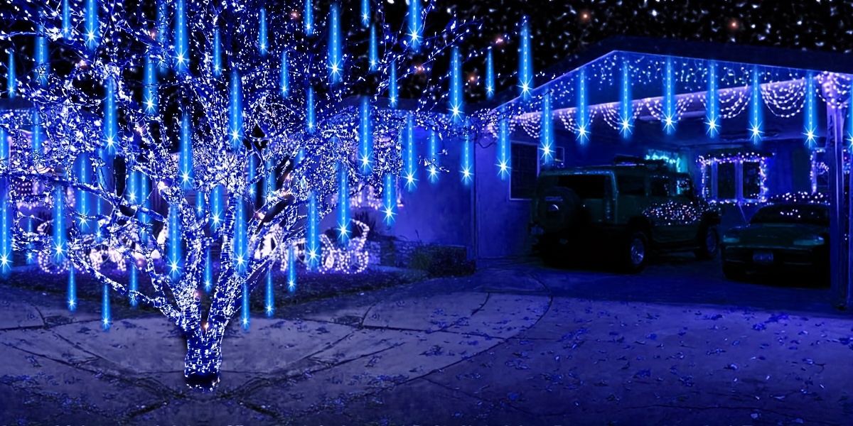 Meteor Shower Lights, Christmas Outdoor/Indoor Meteor Shower Lights, Falling Rain Drop Snowfall, IPX4 Icicle String Light for Bedroom, Garden, Wedding, Party Favors, Christmas, Thanksgiving, Halloween, Holiday Decoration Lighted Holiday Displays