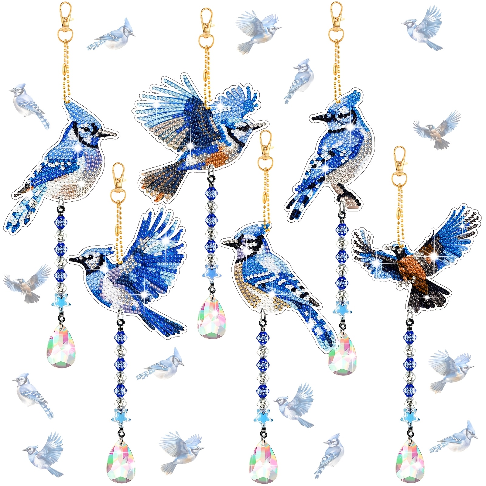 E-shop 6er-Set DIY handgemachte Diamantmalerei Windspiele, Papageien-Schwalbenform blau funkelnder Windspielanhänger, handgefertigtes