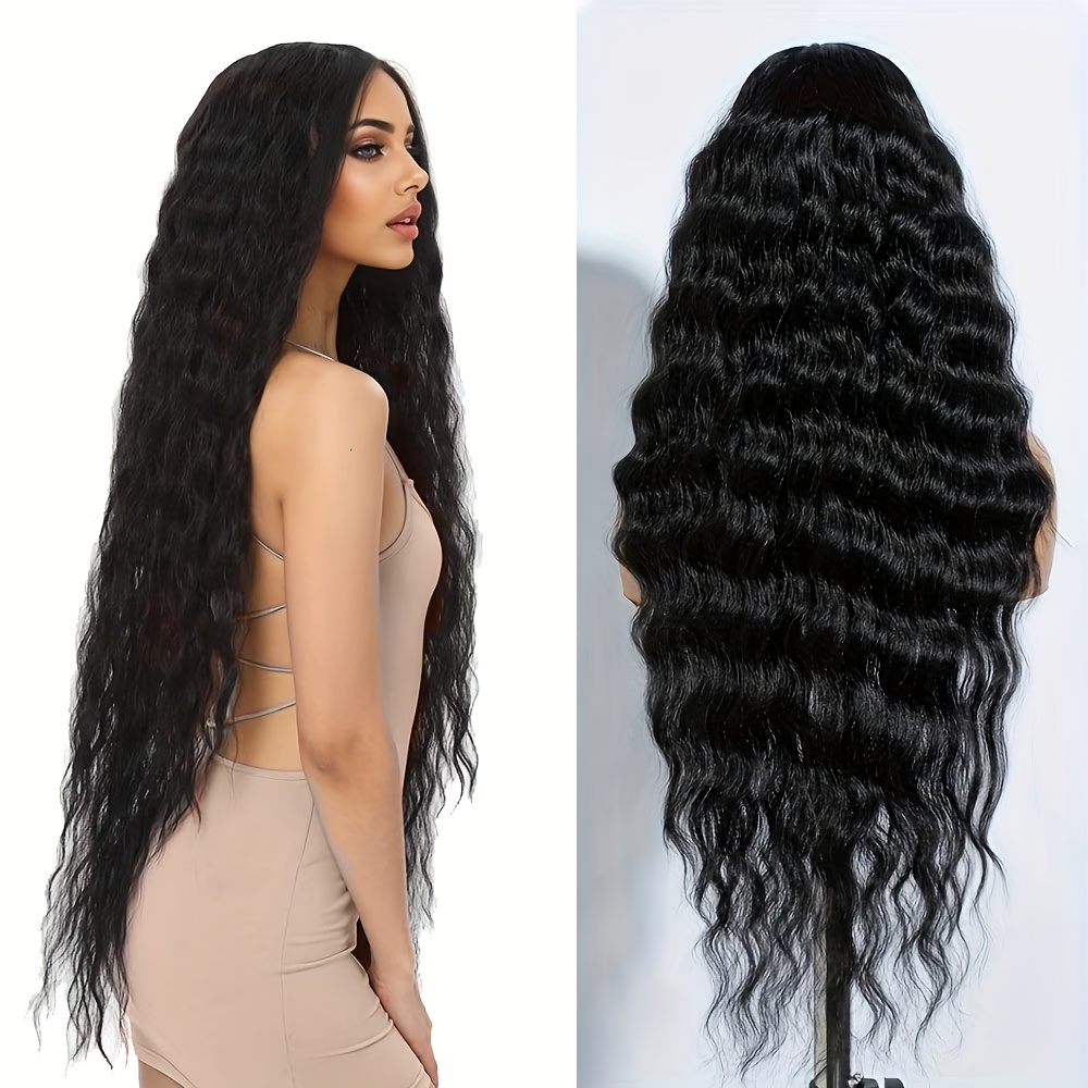 Image of Women's 32-inch Black Deep Wavy Synthetic Wig With Cap | Lightweight, Breathable, Skin-, Suitable For Daily Wear, Parties, Weddings, And Cosplay | Heat-resistant Fibers, , Easy To