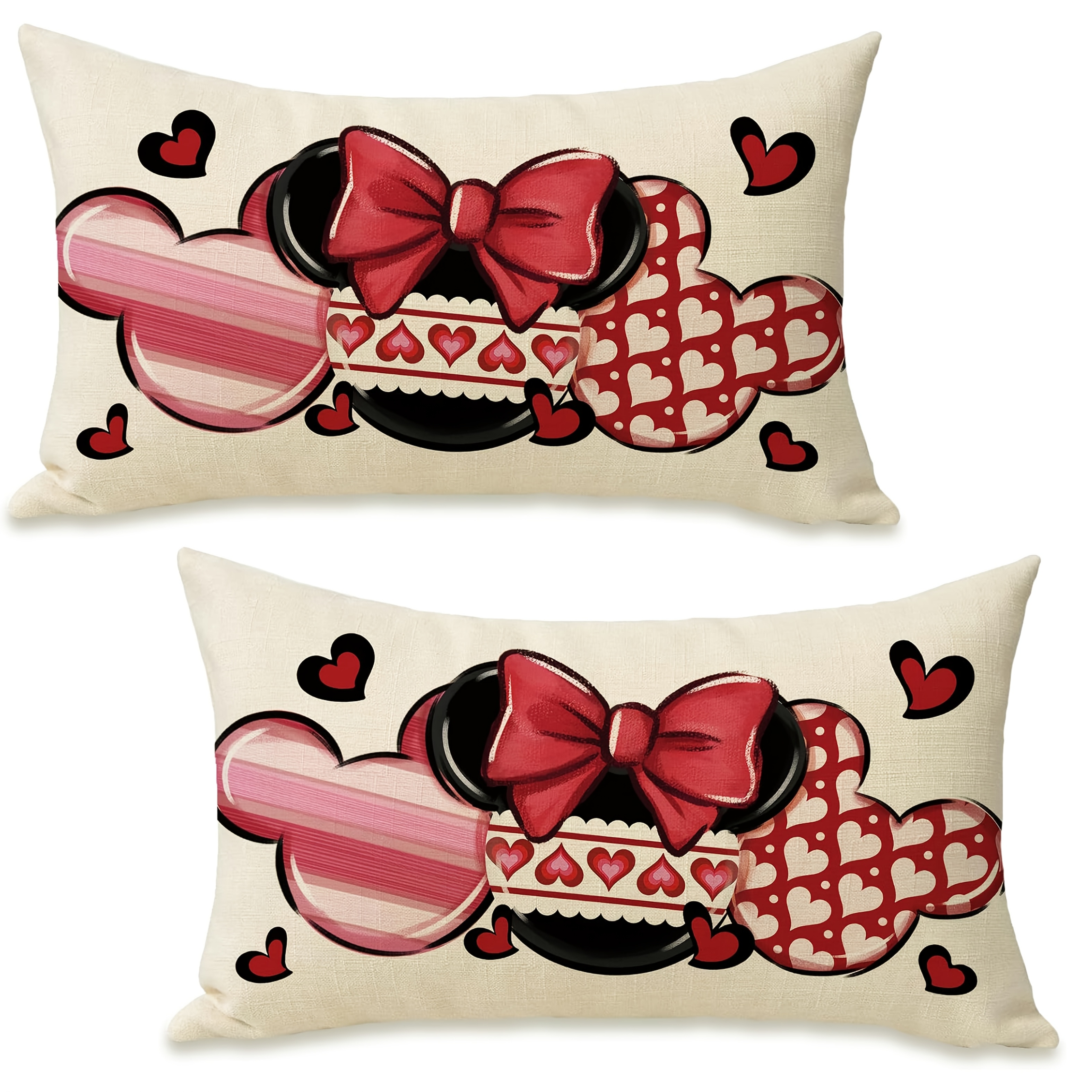 

2pcs Valentine's Day Lumbar Pillow Covers 12x20 - Pink & Red With Mouse Ears & Bow, Polyester, Zippered, Machine Washable For Sofa, Patio & Outdoor Decor (single-sided, No Insert), Decorative Pillows