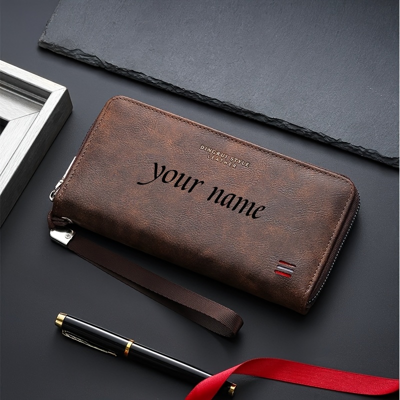 TEMU Personalized Laser-engraved Men's Wallets - Stylish Black Leather With Multiple Card Slots, Long Zipper, Custom Name Options, Perfect Gift For