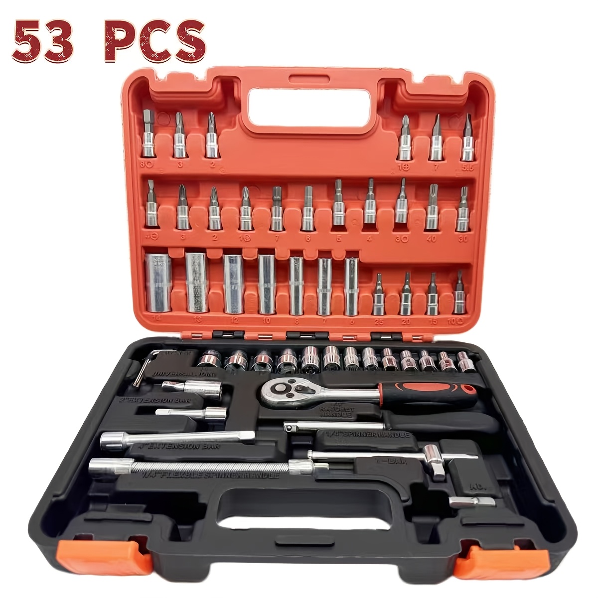 TEMU Jeu de douilles à haut de gamme 53 pièces avec clé à cliquet - Entraînement 3/8 pouce, tailles couramment utilisées, fabriqué en acier , parfait
