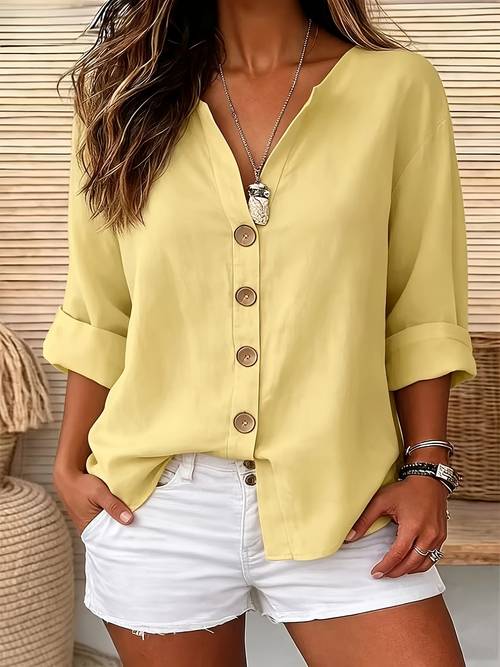 solid color shirt round neck button up loose fit casual wear spring summer womens shirt
