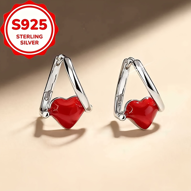 2pcs Women's S925 Silver Red Resin Heart Earrings Set
