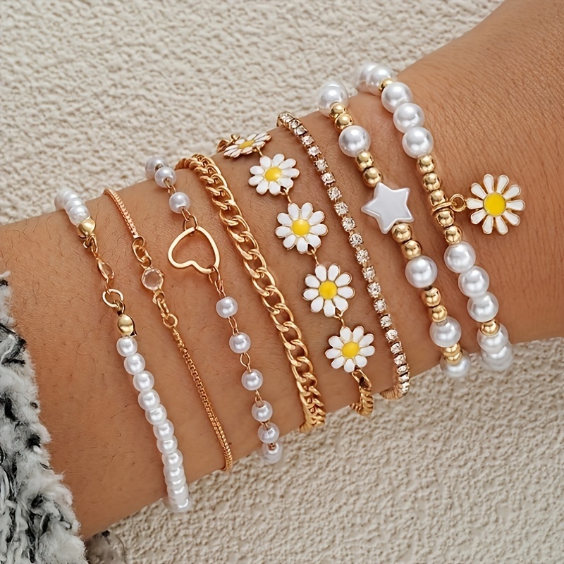 

8pcs Chic Pearl & Daisy Bracelet Set - Star, Heart Charms For Women | Vacation, & Parties