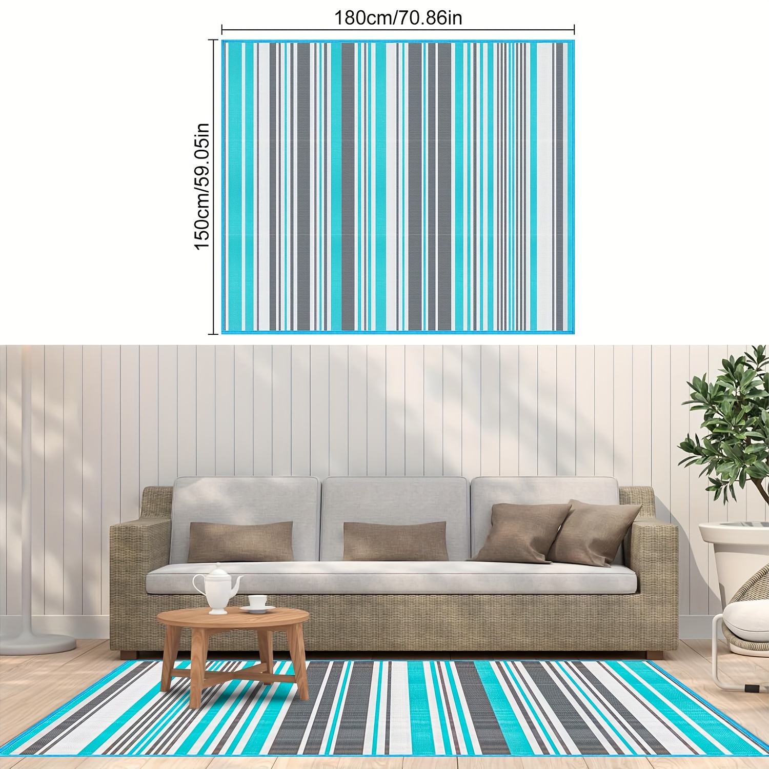 TEMU Reversible Outdoor/indoor Area Mat - Heavy-duty Plastic Patio Rug With Turquoise / Stripes, Non-slip Backing & Machine Washable - For Rv