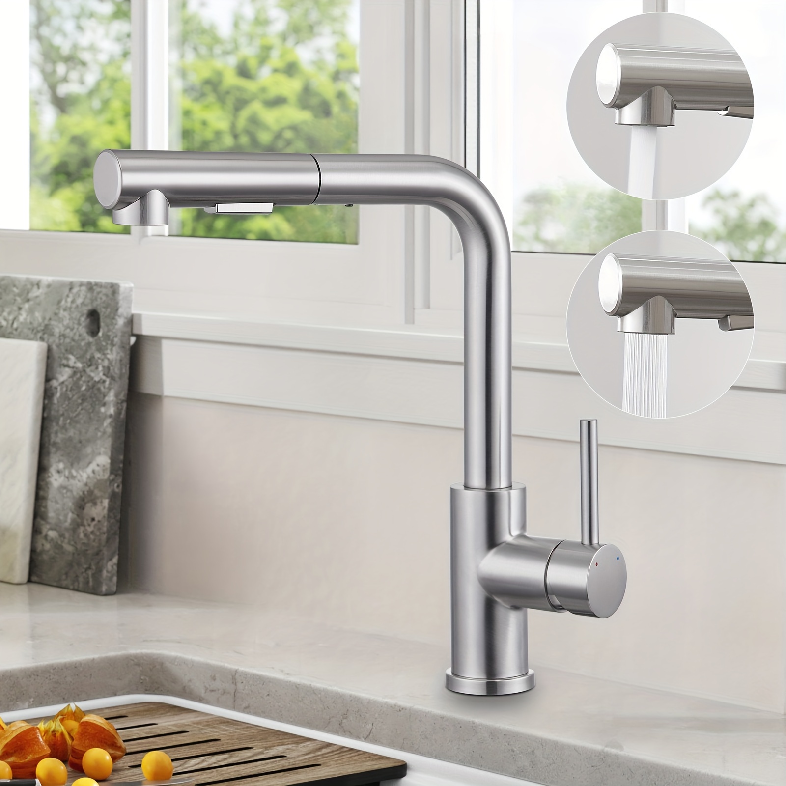 

High-pressure Brushed Pull-out Kitchen Faucet, 360° Swivel Kitchen Faucet With Pull-out Spray, Sink Faucet With 2 Spray Types, Kitchen Faucet Made Of Stainless Steel