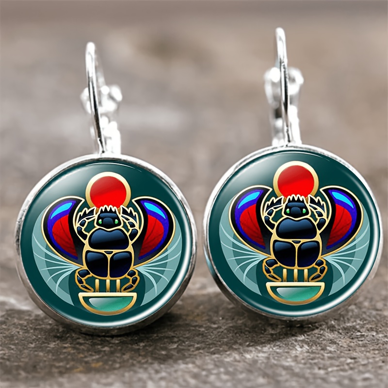 Round Glass Inlaid Base Earrings with Beetle Design