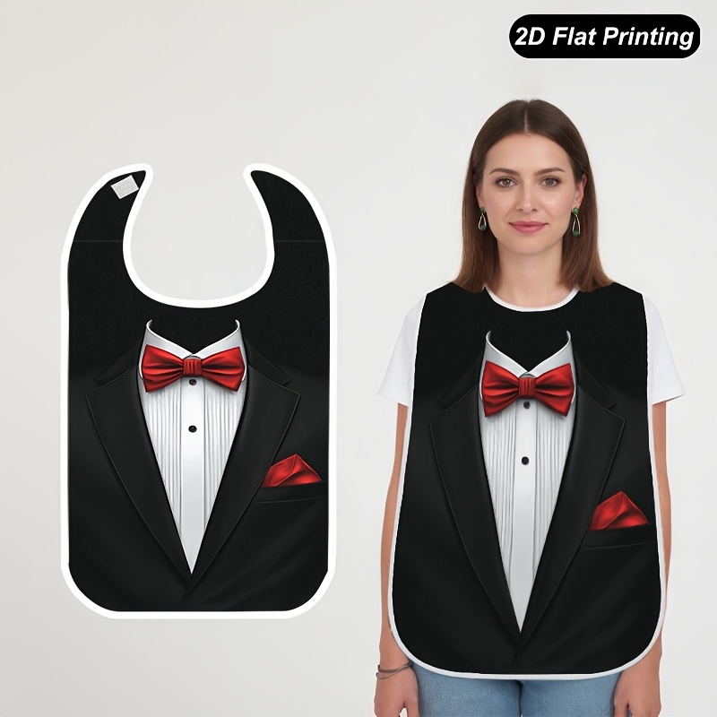 TEMU 1pc 2d Flat Black And White Suit Pattern Printed Bib, Stylish Crumb Catcher For Adults And Seniors, Unisex, Tableware Print, Fun Pattern,