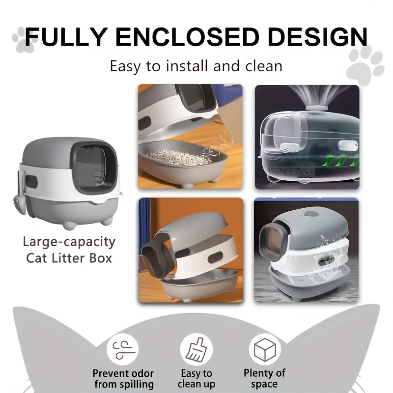 large cat litter box fully enclosed splash proof easy to store   can hold cat litter   with a shovel easy to clean suitable for small and medium sized cats Product details 2
