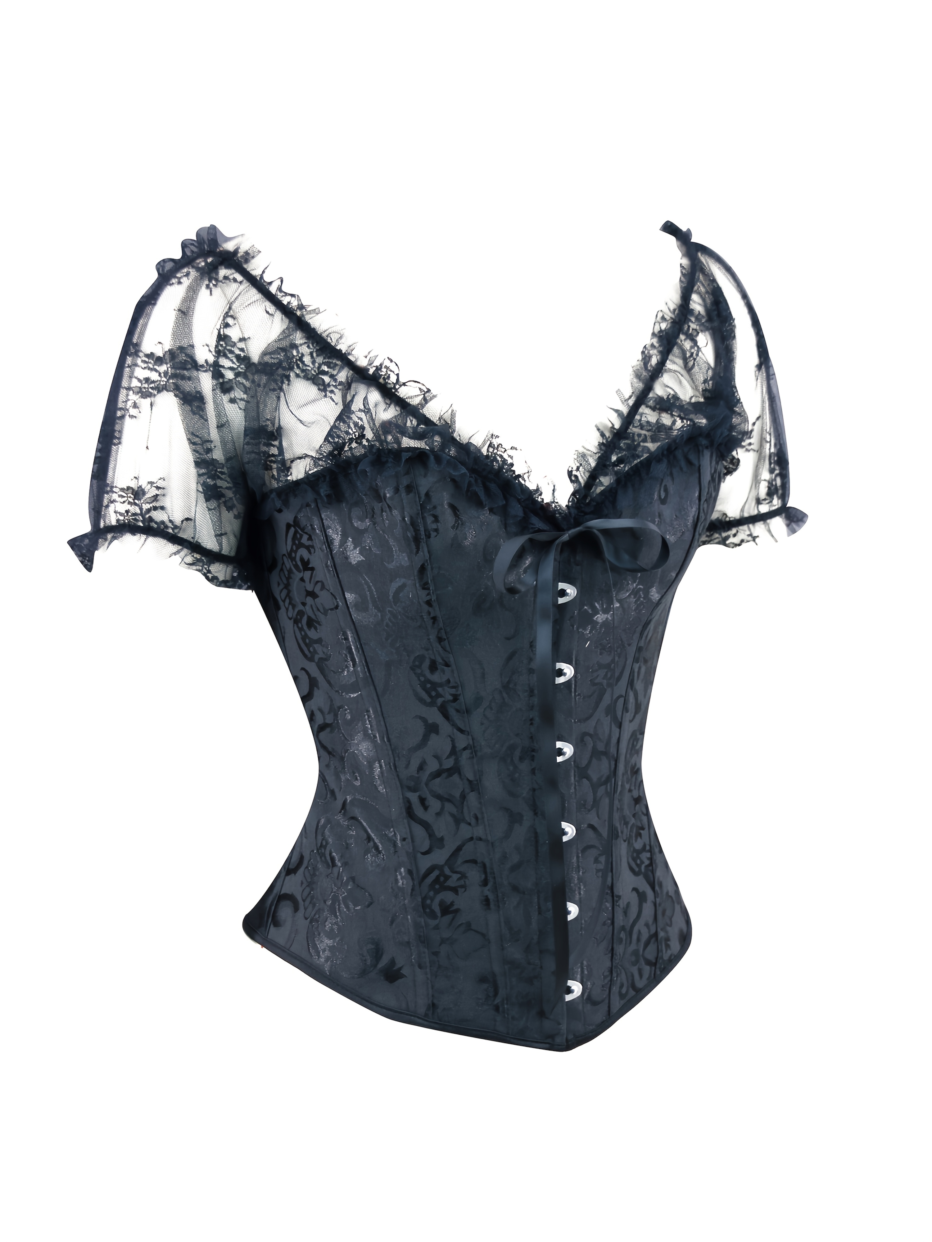 Gothic Style Black Lace Corset Top with Red Hair - Women'S V-Neck Bodycon Dress, Floral Pattern, Non-Stretch Fabric, X-Back Design, Perfect for Adult Costume Parties & Themed Events, Themed Event Attire | Gothic Fashion | Intricate Lace Detailing