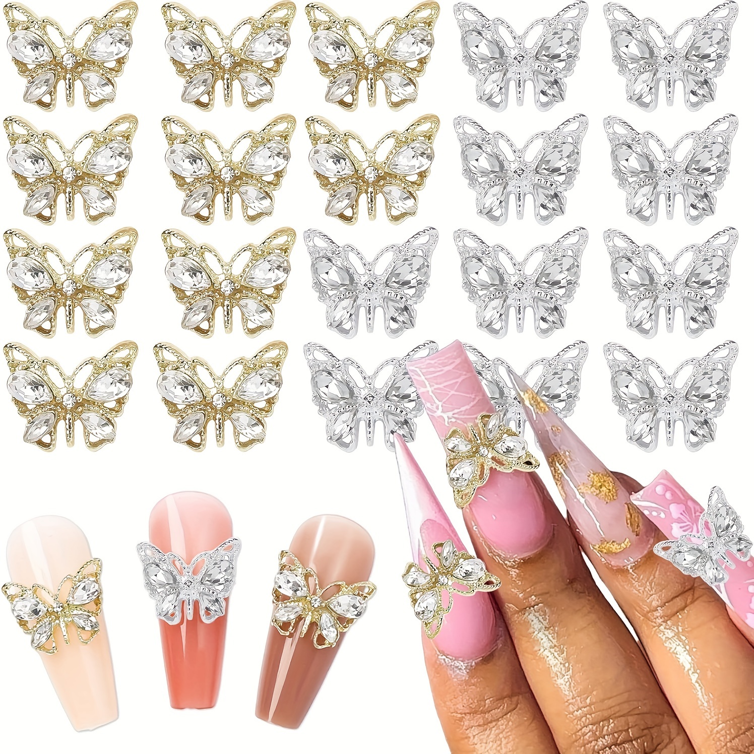 

40pcs Luxury Butterfly Nail Charms 3d Nail Diamond Shiny Butterfly Nail Gems Gold Silver Butterfly Nail Rhinestones For Acrylic Nails Nail Art Supplies Nail Gems For Women Girls Manicure