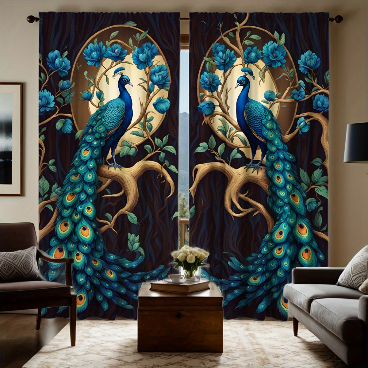 

Glam Flannel Twill Weave Peacock Print Curtain Panels - Semi-sheer Polyester Decorative Drapes For Living Room Bedroom, Rod Pocket, Machine Washable, Unlined, All-season - Set Of 2