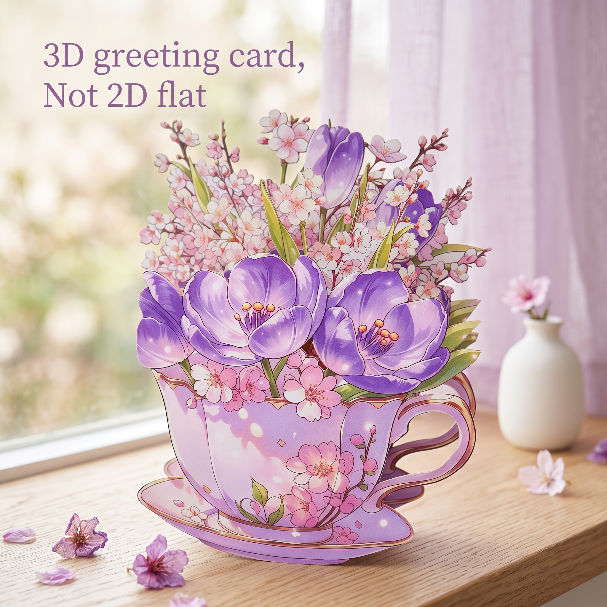 TEMU Carte de vœux florale 3D Pop-Up (avec enveloppe et carte de message) Design élégant de bouquet de tasse à thé violette, avec tulipes et , œuvre