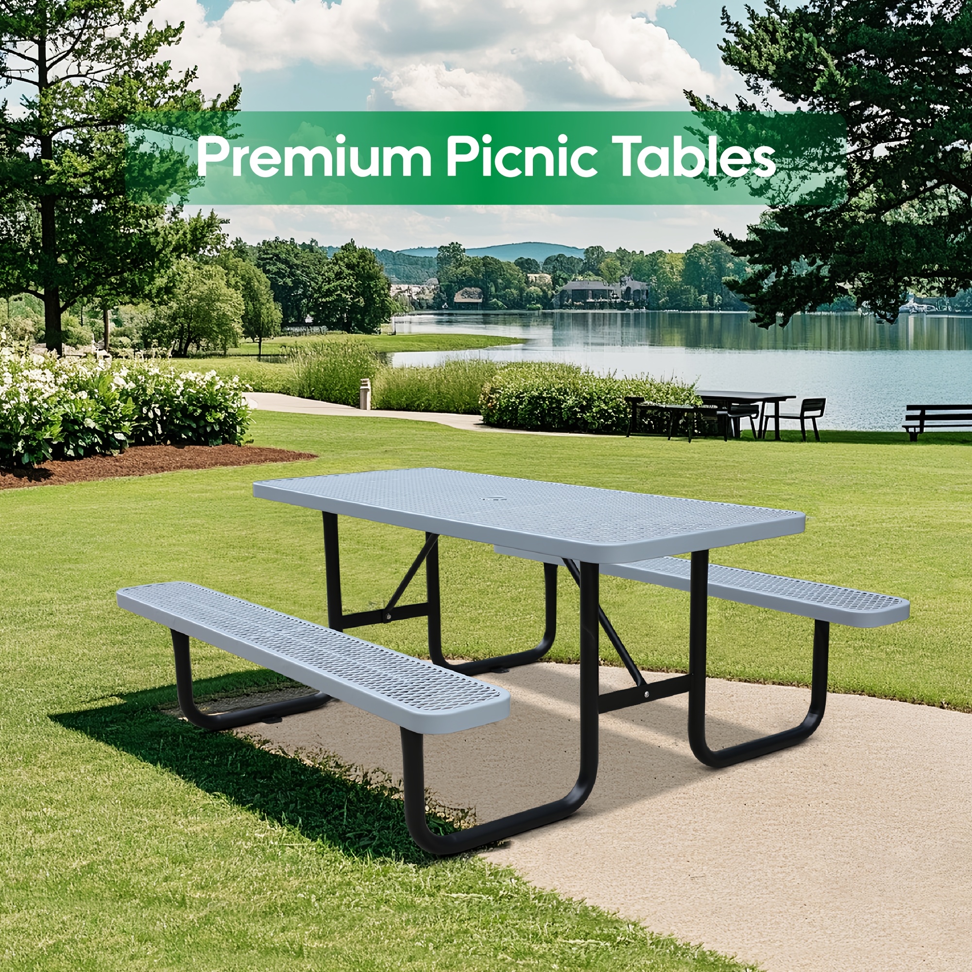 4/6ft Heavy-Duty Metal Picnic Tables with Umbrella Hole for Outdoor, Rectangular 4-6-Person Picnic Tables with Bench, Commercial Expanded Picnic Table And Bench Set, Outside Furniture Set for Yard Outside Garden Backyard Porch Patio Lawn, All-Weather