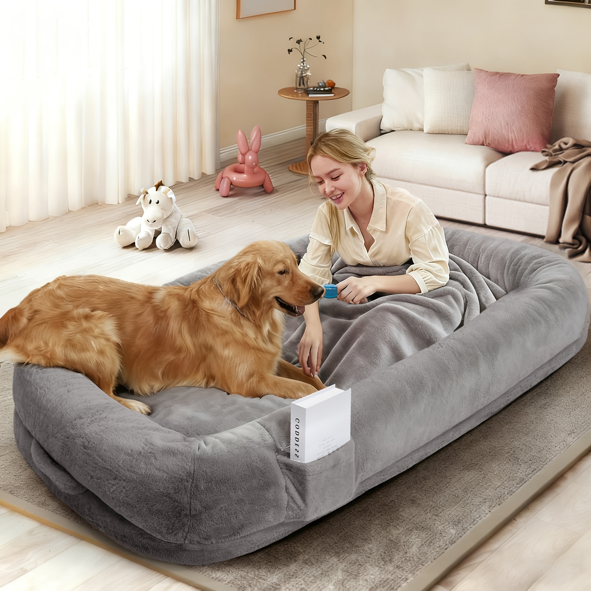 76''x46''x10'' Human Dog Bed, Comfy Human Size Dog Bed, High Density Memory Foam, Machine Washable Cover, Non Slip, Liner, Black Grey