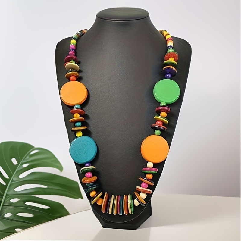 

Bohemian Style Wooden Beads Pendant Necklace, Long Sweater Chain Jewelry For Men