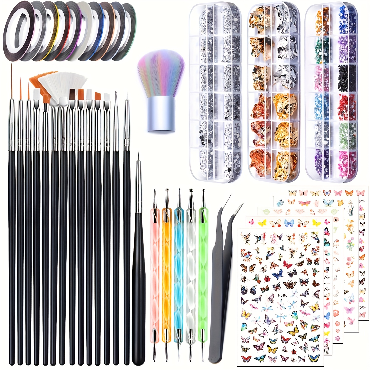 Image of Nail Art Additions Set 15pcs Painting Brushes Dotting Pens Acrylic Drills Paper Golden Silvery Threads Nail Stickers Nail Set