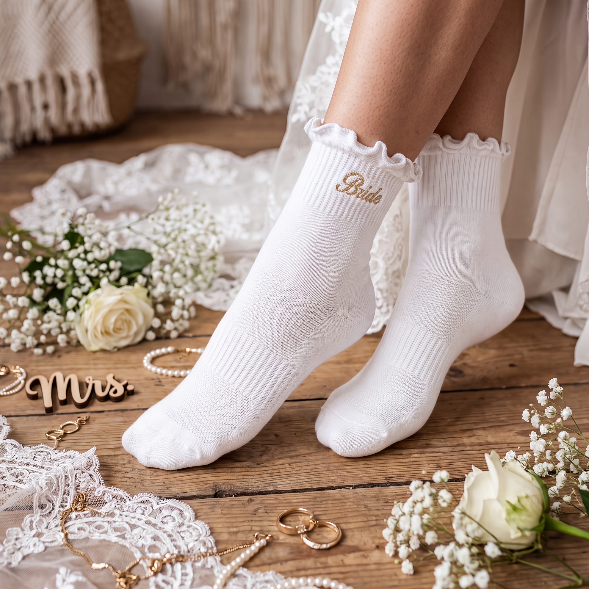 TEMU Weiße gerippte Strick Rüschen Braut Crew Socken, atmungsaktives Gewebe, bestickte Braut Buchstaben in //Golden/Silber, Braut Outfit Zubehör für