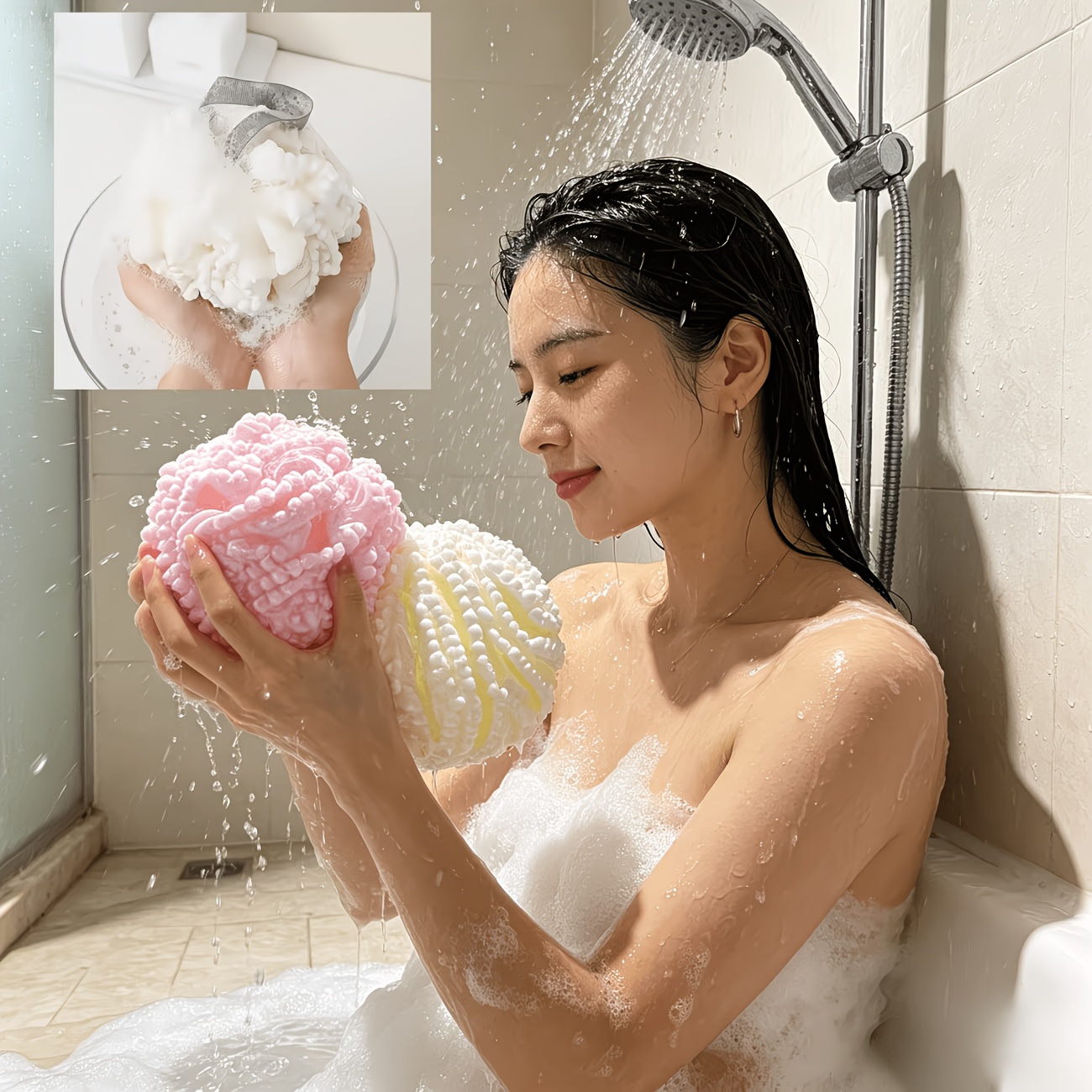 3pcs Cute Bath Sponge Balls and Hooks Set, Random Colors